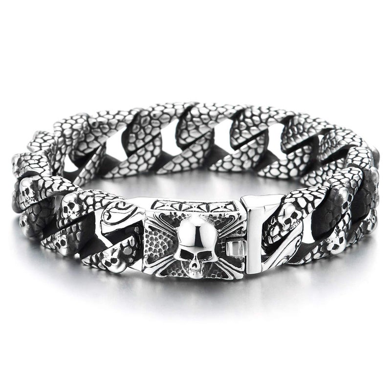 COOLSTEELANDBEYOND Skull Charms Snake Skin Pattern Curb Chain Mens Large Steel Bracelet with Pirate Skulls Clasp - Image 1