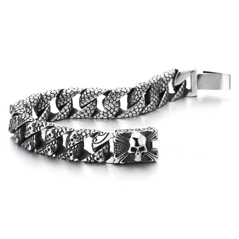 COOLSTEELANDBEYOND Skull Charms Snake Skin Pattern Curb Chain Mens Large Steel Bracelet with Pirate Skulls Clasp - Image 3