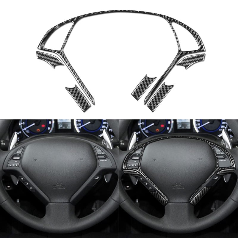 NVCNX Real Carbon Fiber Steering Wheel Frame Strip Button Panel Cover Trim Decoration Soft Sticker Car Interior Accessories for Infiniti G37 G35 G25 Q60 2007-2015 5PCs Black