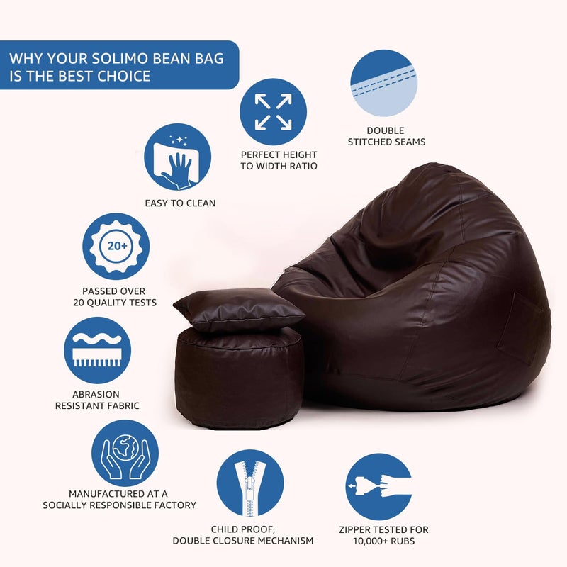Brand - Solimo Solimo Premium Faux Leather Bean Bag Combo with Foot Rest Cushion Filled with Beans 2XL Capacity Up to 6 Feet Height 100 kg Cocoa Brown - Image 4
