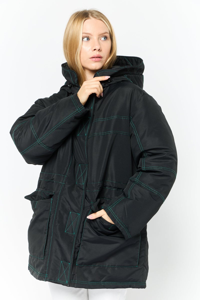 Asos Design Women Contrast Detail Solid Parka Jacket, Black  - Image 1