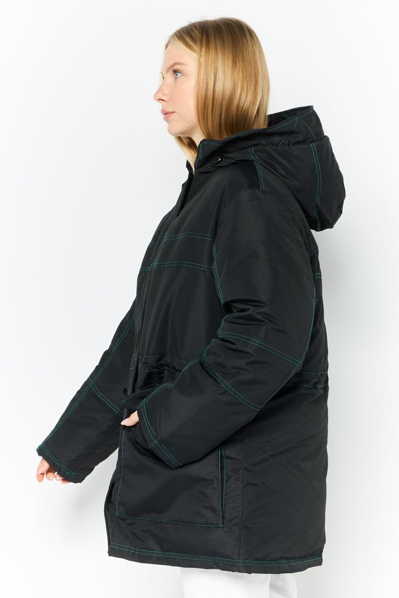 Asos Design Women Contrast Detail Solid Parka Jacket, Black  - Image 3