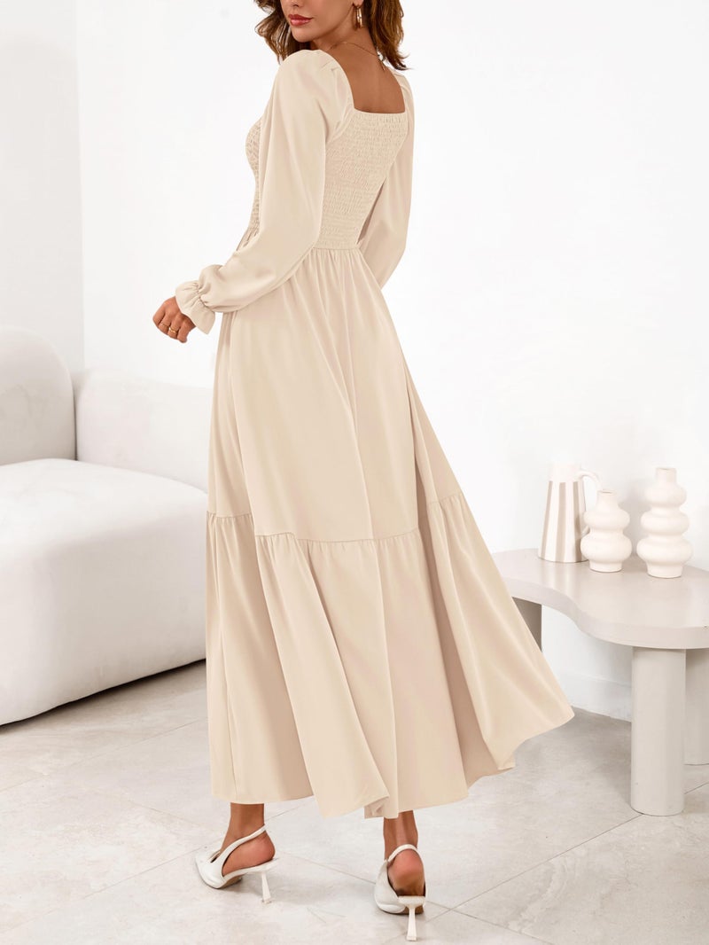 MASCOMODA Womens 2026 Spring Long Sleeve Casual Midi Dress Smocked Square Neck High Waist Flowy A Line Wedding Guest Dresses(Apricot,Small) - Image 5