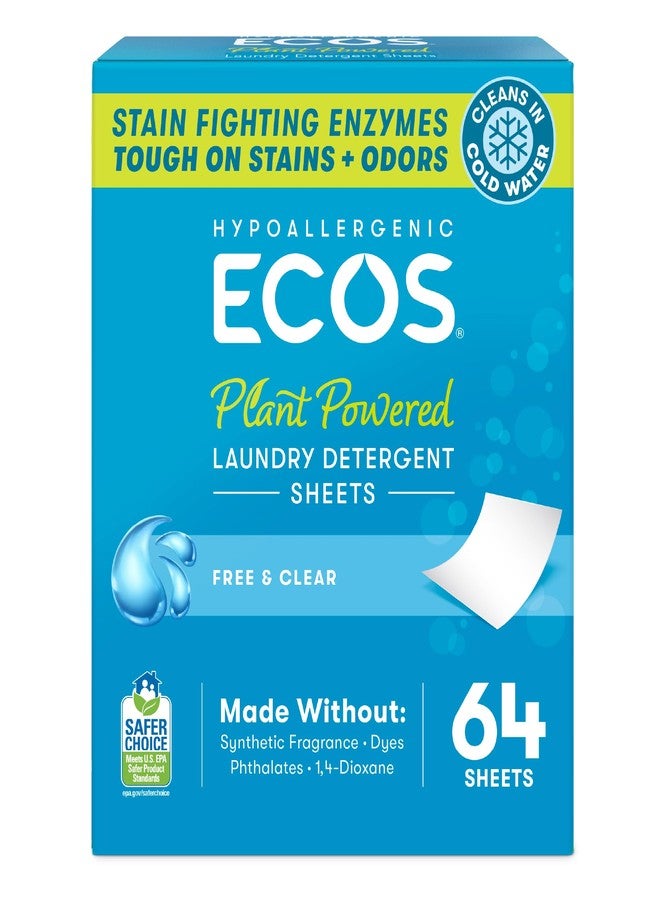 ECOS Laundry Detergent Sheets Vegan, No Plastic Jug, No Mess & Liquid Free - Laundry Sheet in Washer - Hypoallergenic, Plant Powered Laundry Detergent Sheet - Free and Clear - 64 Sheets (Pack of 1) - Image 1