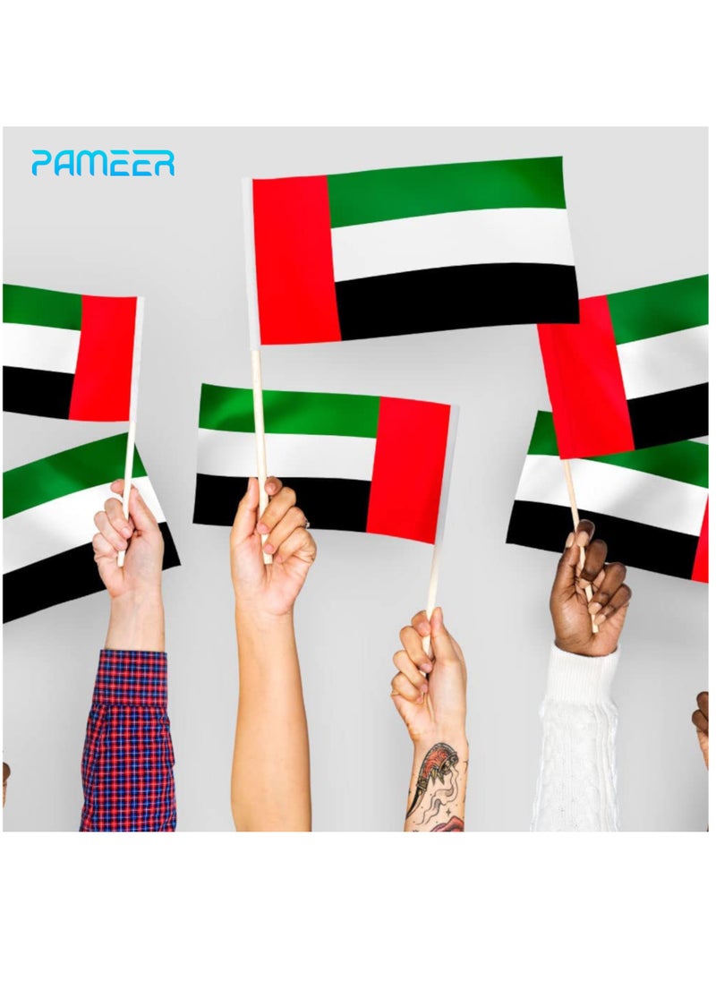 PAMEER 12 Pcs 45 x 30 CM UAE National Day Celebration Flags Hand Held Flags Emirati National Days Flags Wooden Hand Grip UAE Flags for Cars Home Office Desk National Day Martyrs Day Flag Day Celebrations  - Image 2