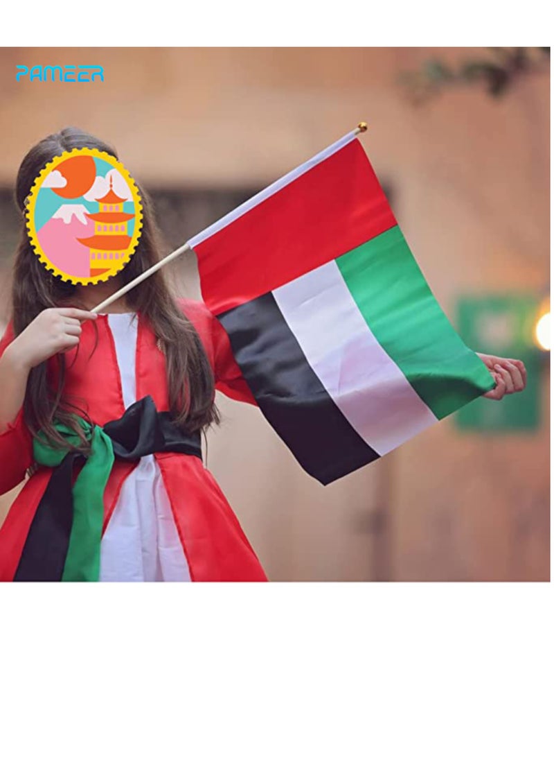 PAMEER 12 Pcs 45 x 30 CM UAE National Day Celebration Flags Hand Held Flags Emirati National Days Flags Wooden Hand Grip UAE Flags for Cars Home Office Desk National Day Martyrs Day Flag Day Celebrations  - Image 3