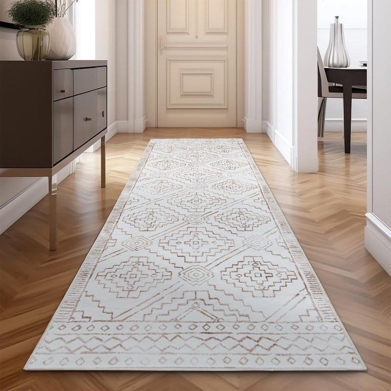 jinchan Hallway Runner Rug 3x8 Moroccan Kitchen Machine Washable Runner Rug Modern Geometric Soft Faux Wool UltraThin LowPile NonSlip Carpet for Laundry Room Bedroom Farmhouse 3x8ft Taupe - Image 2
