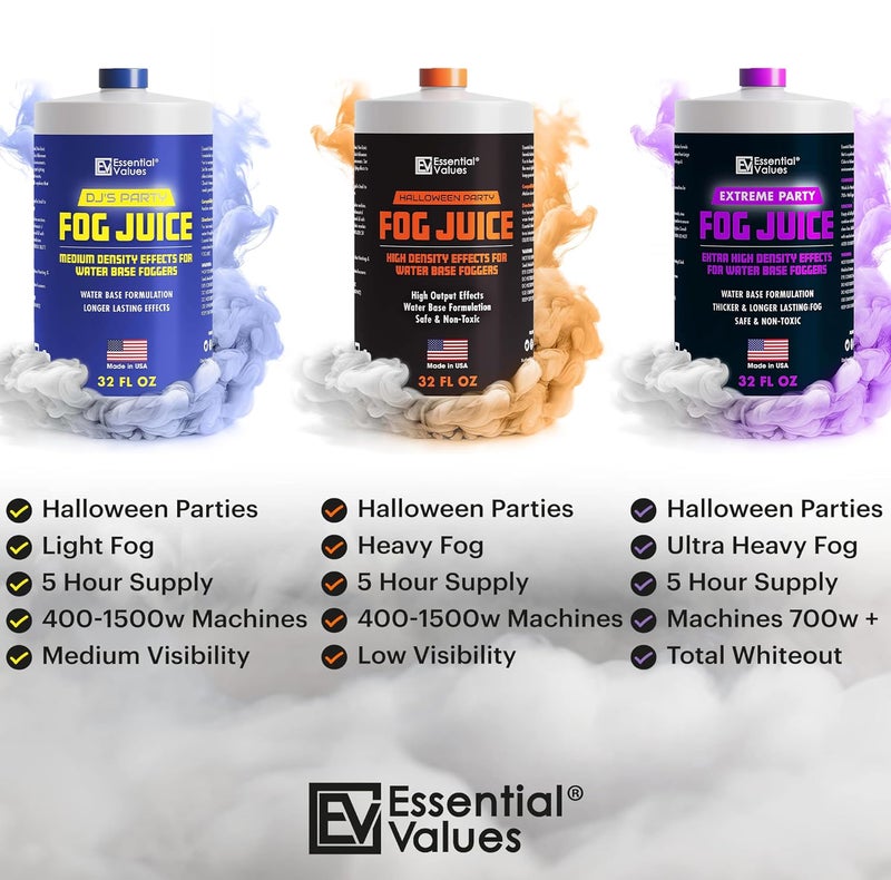 Essential Values سائل آلة الضباب Essential Values - عصارة ضباب طويلة الأمد لآلة الدخان بكثافة عالية للغاية، 32oz/Quart – مصنّع في الولايات المتحدة – آلات ضباب مائية 700+ واط - Image 4