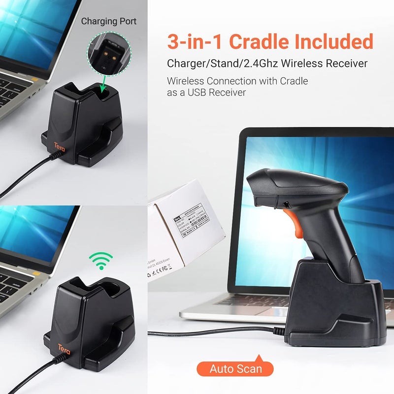 Tera Tera 1D Wireless Barcode Scanner USB Cradle Charging Base Handheld Laser Bar Code Reader 1D Automatic Sensing Fast and Precise Scanner  - Image 2