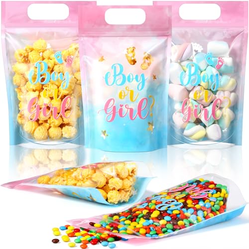 Capoda 50 Pcs Boy or Girl Gift Bags Clear Gender Reveal Sealing Pouches with Handles Blue Pink Baby Shower Plastic Bags for Baby Gender Reveal Party Candy Gift Wrapping Supplies DecorBoy or Girl - Image 1