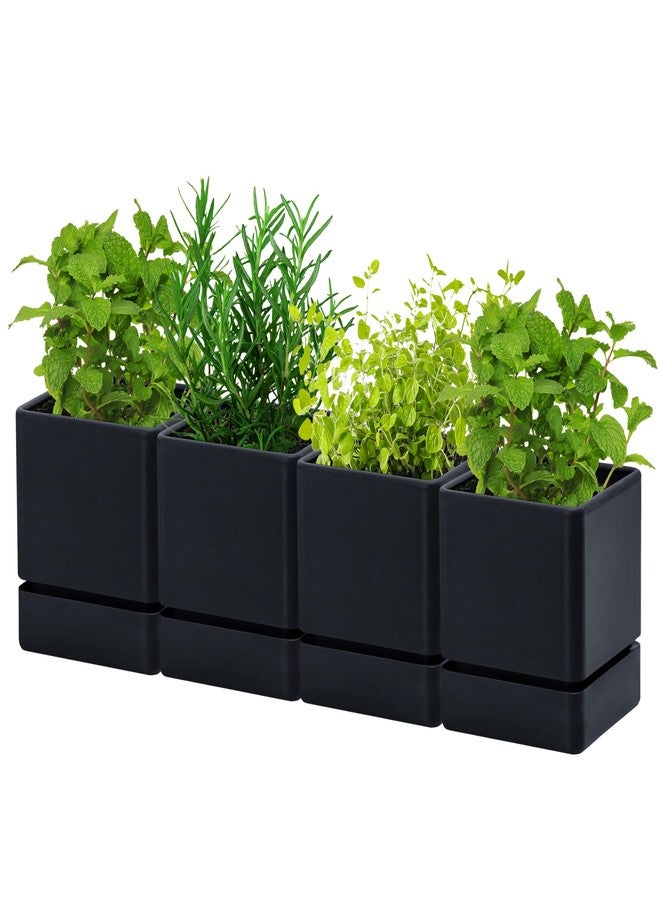 D'vine Dev 4 Inch Herb Planter Pot, Plastic Planter with Drainage Holes and Saucer, Modern Decorative Gardening Pot for Indoor Plants, Flowers, Herbs, Succulents, Black, Set of 4, 76-Y-B-4 - Image 1