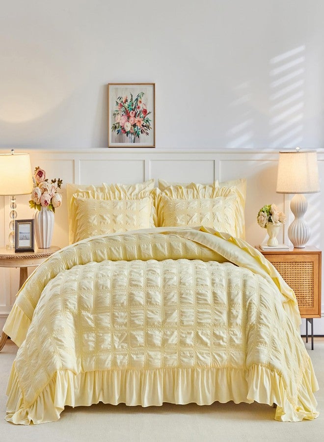 Flysheep Yellow Plaid Seersucker Duvet Cover Set with Wide Ruffled Fringe Queen Size, 3 Pieces Soft Bedding Set for All Season, Queen Farmhouse Bed Set with Ruffle Shams (Yellow, Queen) - Image 2