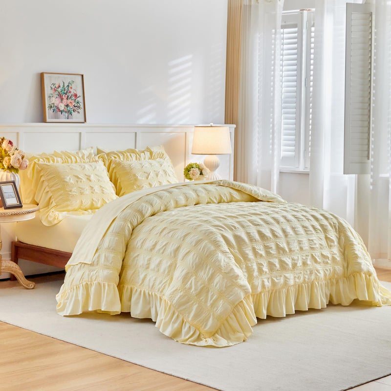 Flysheep Yellow Plaid Seersucker Duvet Cover Set with Wide Ruffled Fringe Queen Size, 3 Pieces Soft Bedding Set for All Season, Queen Farmhouse Bed Set with Ruffle Shams (Yellow, Queen) - Image 1
