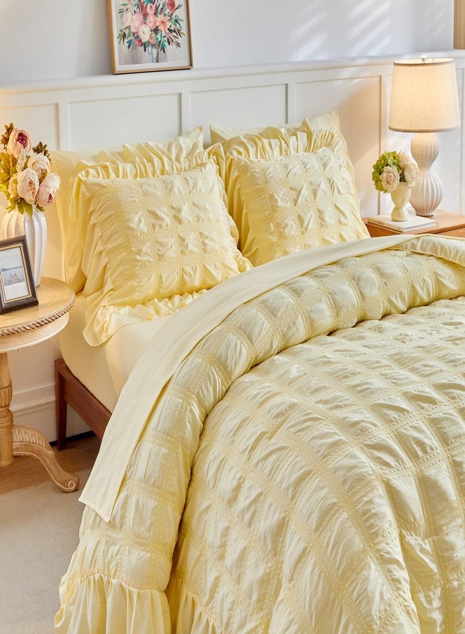 Flysheep Yellow Plaid Seersucker Duvet Cover Set with Wide Ruffled Fringe Queen Size, 3 Pieces Soft Bedding Set for All Season, Queen Farmhouse Bed Set with Ruffle Shams (Yellow, Queen) - Image 3