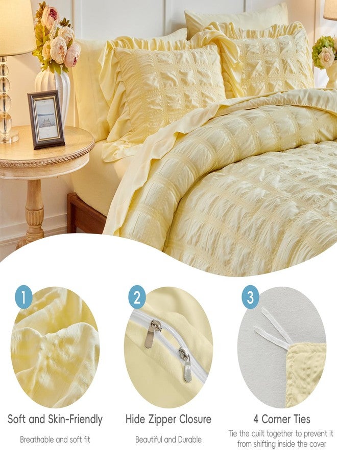 Flysheep Yellow Plaid Seersucker Duvet Cover Set with Wide Ruffled Fringe Queen Size, 3 Pieces Soft Bedding Set for All Season, Queen Farmhouse Bed Set with Ruffle Shams (Yellow, Queen) - Image 4