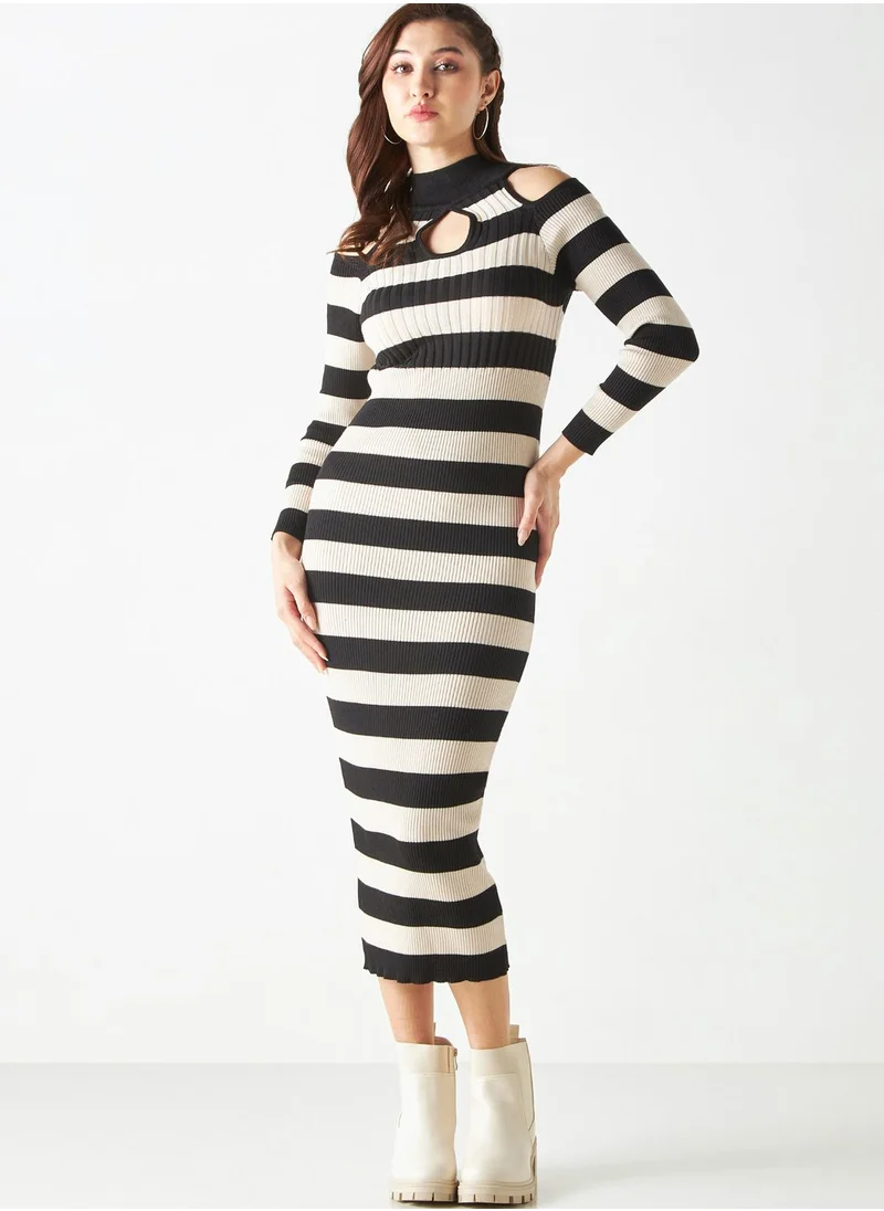 2Xtremz Cold Shoulder Striped Bodycon Dress