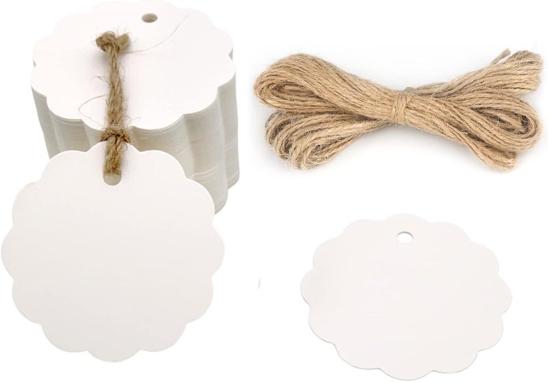 g2plus 100PCS Craft Scalloped Paper Gift Tags with Natural Jute Twines, 2.4 in Round Gift Tags for Birthday Party, Wedding Decoration Gifts, Arts & Crafts (Pure White) - Image 1