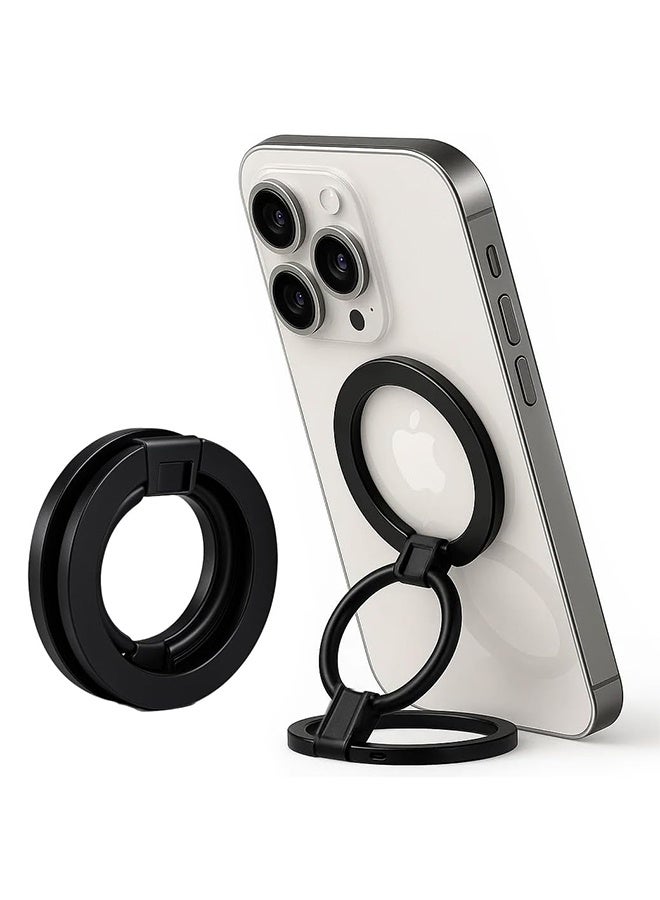 Dual Magnetic Phone Holder Stand, 360° Rotating Foldable MagSafe Mount with Strong Magnetic Hold, Portable for Desk & Car Use, Compatible with iPhone MagSafe Series (Black) - Image 1