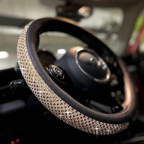 PINCTROT Bling Bling Comfy Steering Wheel Cover with Jumbo Crystal Rhinestones AntiSlip Diamond Leather Car Steer Cover Gold - Image 1