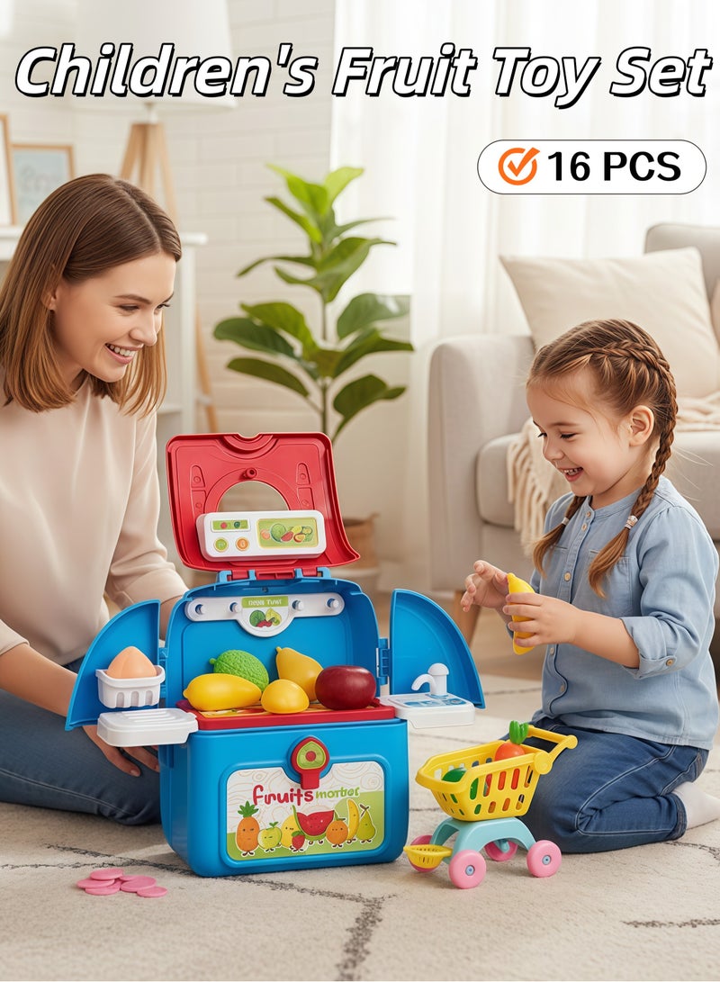 إيزي سو مجموعة ألعاب فواكه للأطفال، مجموعة أدوات للأطفال مكونة من 16 قطعة، ألعاب حقيبة ظهر للأطفال، ألعاب حيوانات لطيفة، ألعاب منزلية تظاهرية مناسبة للأولاد والبنات، هدية تفاعلية بين الوالدين والطفل - Image 1