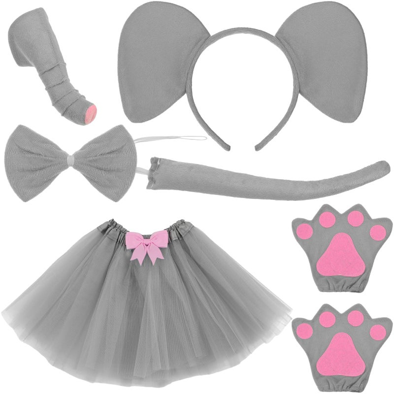 Newcotte 6 Pieces Elephant Costume Kids Set Include Grey Elephant Ears Headband Nose Tail Paws Bow Tie Tutu Skirt Halloween Animal Fancy Dress Costume Kit Party Cosplay Accessories for Birthday - Image 3