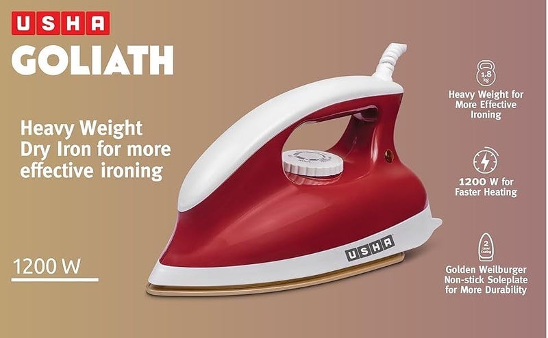 Usha مكواة يوشا جوليات 1200 واط مع سلك دوار بطول 1.8 متر | قاعدة غير لاصقة مزدوجة ذهبية لمتانة أطول | سلك دوار 360° | ضمان لمدة سنتين | (مارون)  - Image 2