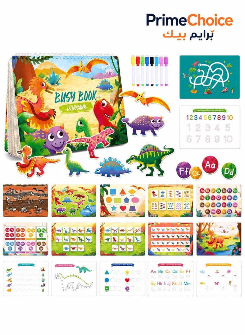 Prime Choice Dinosaur Busy Book for Toddlers 3-6 Years, Montessori Preschool Learning Activities, Reusable Sticker Quiet Book, Early Education Sensory Travel Toy with 8 Washable Markers, Shapes, Alphabet & Number Matching - Image 1