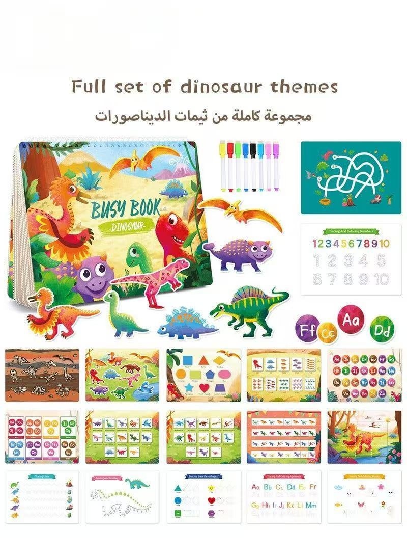 Prime Choice Dinosaur Busy Book for Toddlers 3-6 Years, Montessori Preschool Learning Activities, Reusable Sticker Quiet Book, Early Education Sensory Travel Toy with 8 Washable Markers, Shapes, Alphabet & Number Matching - Image 4