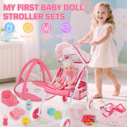 deAO Baby Doll Stroller Set with 12 Baby Dolls Nursery Playset 17 PCS Baby Doll Accessories with Play MatStorage BagBaby Stroller Toys for Girls Toddlers 3 Pretend Play Gifts - Image 5