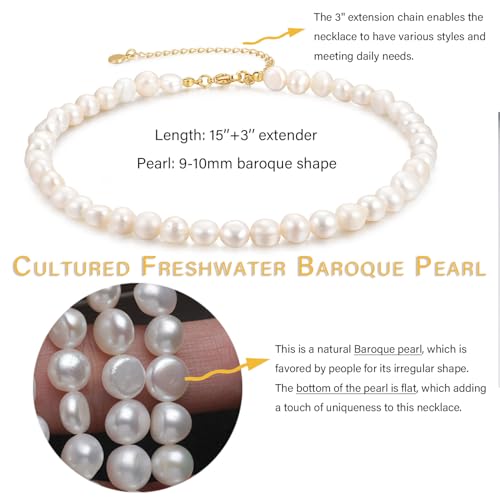 NUZON 9-10MM Baroque Pearl Necklace for Women Large Irregular Freshwater Pearl Choker Handpicked AAA+ White Beaded Strand Wedding Jewelry 15’’+3’’ - Image 4
