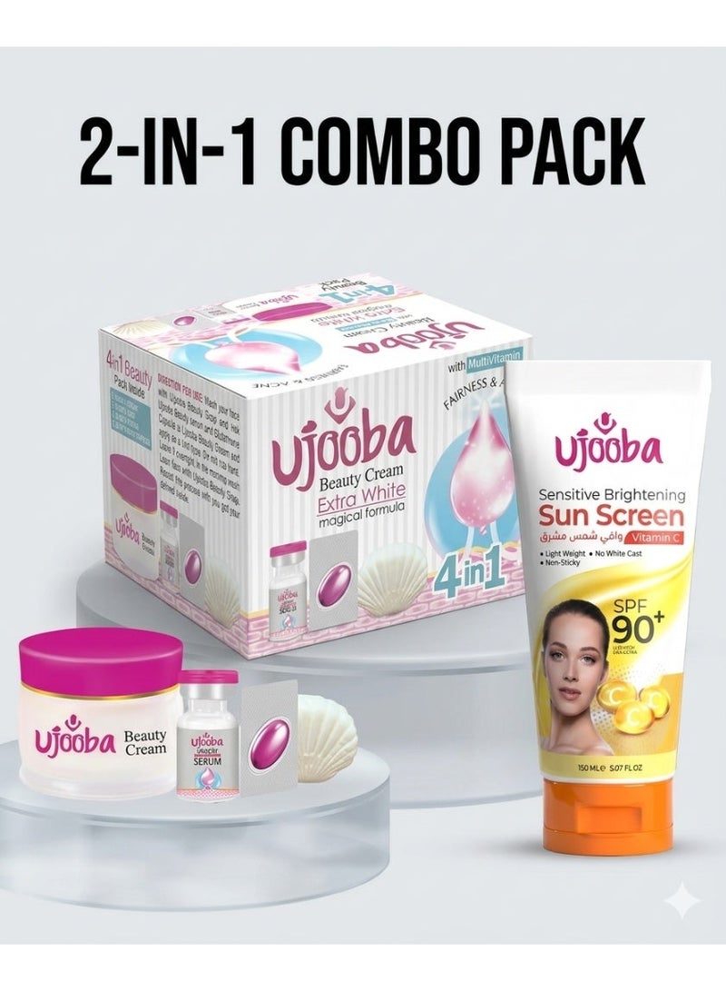 Ujooba 2-in-1 Brightening Skincare Combo - SPF90 Whitening Sunscreen + 4-in-1 Facial Whitening Cream | Vitamin C, Dark Spot Face Care Set for Glow Routine - Image 1