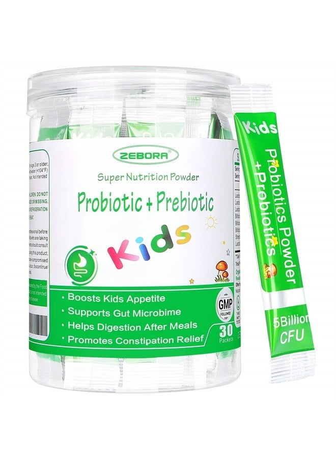 ZEBORA Kids Probiotic & Prebiotics Powder Age 3+ Support Children's Digestive & Immune System with Natural Source, Promotes Constipation Relief, Non-GMO, Gluten-Free, 30 Packets with 5 Billion CFUs - Image 1