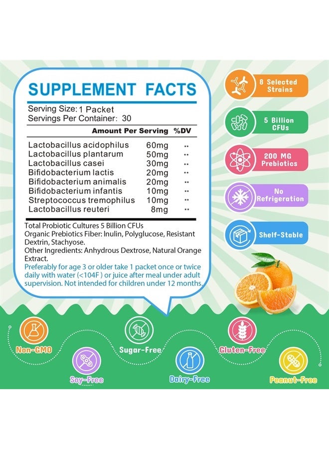 ZEBORA Kids Probiotic & Prebiotics Powder Age 3+ Support Children's Digestive & Immune System with Natural Source, Promotes Constipation Relief, Non-GMO, Gluten-Free, 30 Packets with 5 Billion CFUs - Image 2