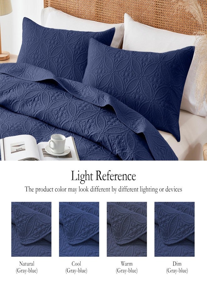 WURUIBO Full/Queen Quilt Set Navy Blue, Microfiber Lightweight Bedspreads, Ultrasonic Embossed Solid Coverlet, Thin Bedding Set for All Season, Soft Breathable Bed Cover(1 Quilt, 2 Pillow Shams) - Image 4