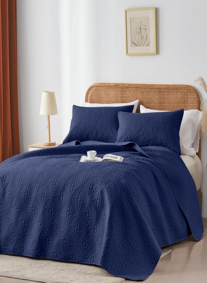 WURUIBO Full/Queen Quilt Set Navy Blue, Microfiber Lightweight Bedspreads, Ultrasonic Embossed Solid Coverlet, Thin Bedding Set for All Season, Soft Breathable Bed Cover(1 Quilt, 2 Pillow Shams) - Image 2