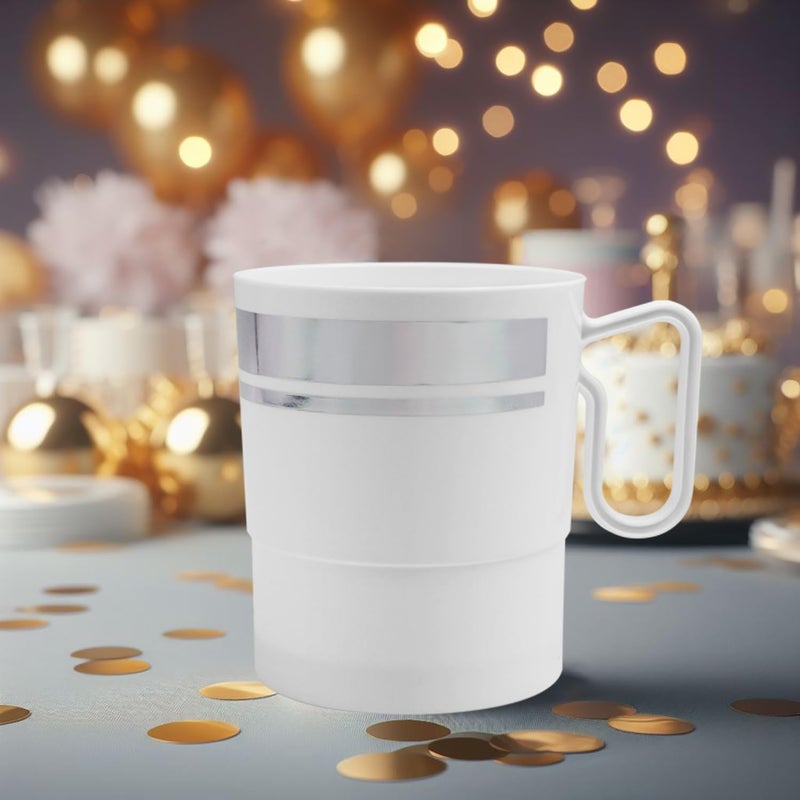 Party Essentials أساسيات الحفلات كوب قهوة/فنجان شاي بلاستيكي صلب سعة 8 أونصات مع مقبض 20 قطعة أبيض مع حافة فضية - Image 4