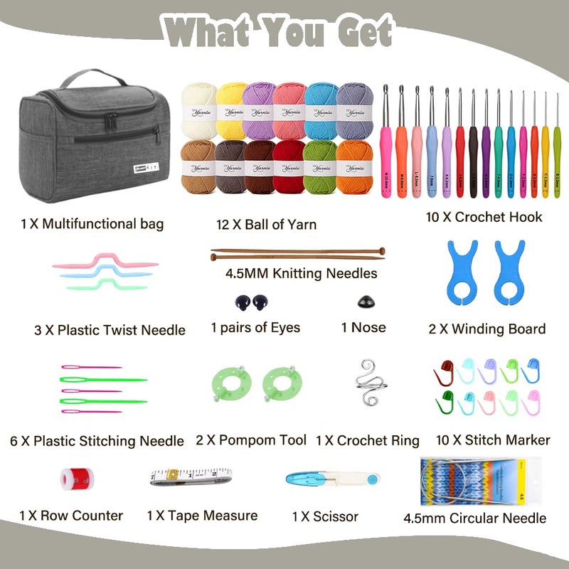 Yarniss Crochet Kit for Beginners - 840 Yards Crochet Yarn and 14 Sizes (2.0-10.0mm) Ergonomic Hooks with Organizer Bag, All Inclusive Crocheting & Knitting Set for Adults - Image 2