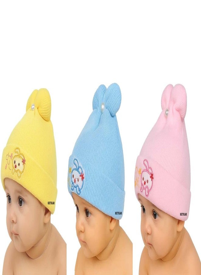 KETKAR Baby Winter Woolen Caps - Soft & Warm Beanie Hats for Newborns & Kids | Unisex Stretchable Knit Caps for Boys & Girls (Pack of 3),Multi_1, 6-12 Months - Image 1
