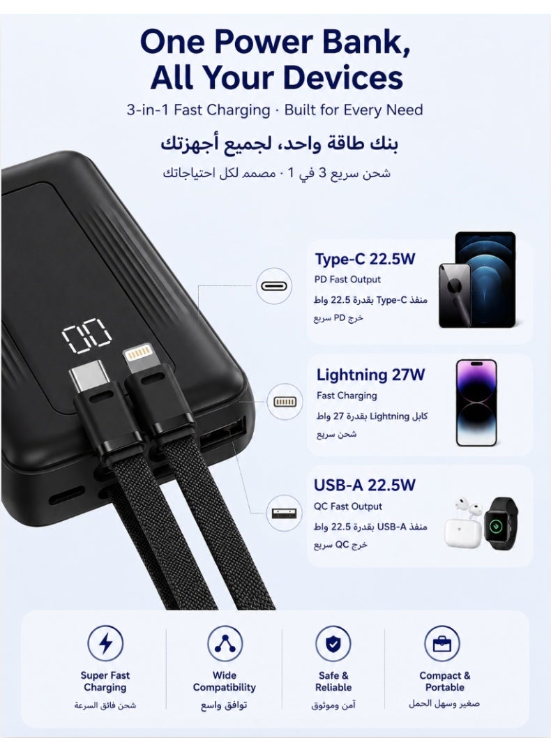 Power Bank, 20,000mAh 22.5W High-Speed Portable Charger with Built-In USB-C Cable, Battery Pack For iPhone 17/17 Air/17 Pro/17 Pro Max/16 Series, Galaxy, and More (Black, 20000 mAh) - Image 3