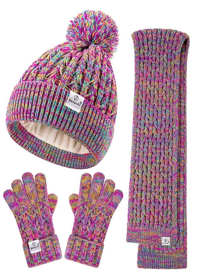 SENPUKI Kids Winter Hat Gloves Scarf Set,Girls Toddler Winter Hat Beanies with Pom Neck Warmer Gaiter Mittens Fleece Lined Set Christmas Gift for Kids（Rainbow Mix） - Image 1