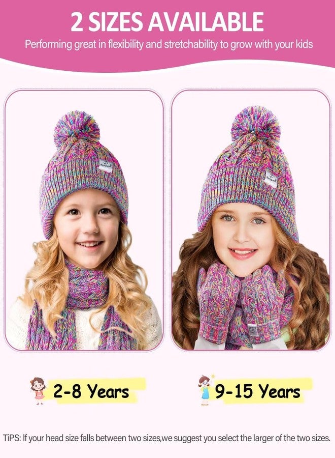 SENPUKI Kids Winter Hat Gloves Scarf Set,Girls Toddler Winter Hat Beanies with Pom Neck Warmer Gaiter Mittens Fleece Lined Set Christmas Gift for Kids（Rainbow Mix） - Image 5