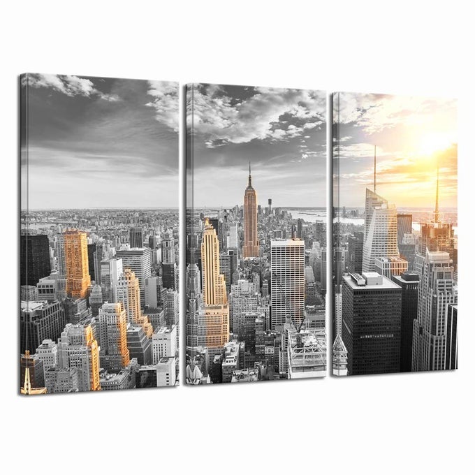 LARGE 3 PIECE NEW YORK CITY CANVAS WALL ART MODERN BLACK AND WHITE NYC AT GOLD SUNSET PICTURE PRINTS CITYSCAPE SKYLINE POSTER FRAMED FOR HOME OFFICE LIVING ROOM DECOR