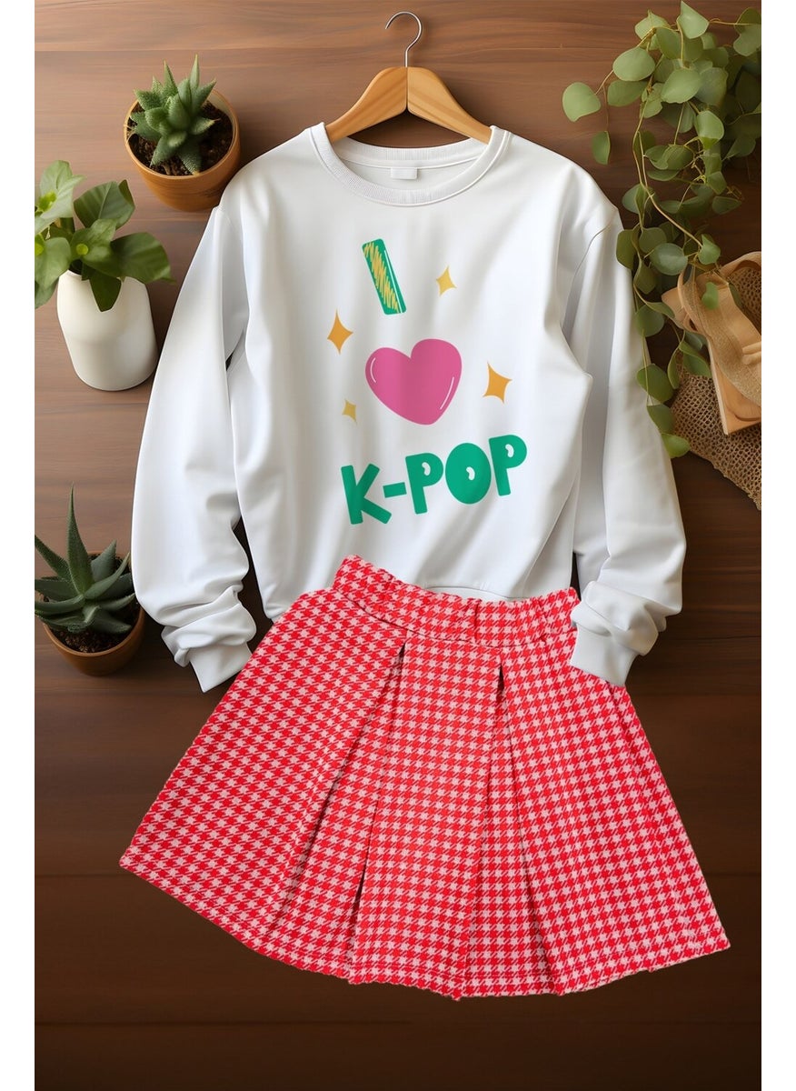 Ada Bebek Çocuk Ada Baby Child Style Plaid Skirt Patterned Sweat Skirt Top and Bottom Set  - Image 1