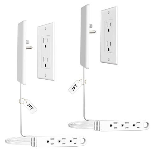 CABOCASA 2 Pack 3FT Flat Plug Extension Cord Power Strip with 3 Outlets, Patented Detachable Ultra-Thin Outlet Cover Concealer & Ultra-Flat Plug, Max. 13A 125V 1625W ETL Listed, White Color - Image 1