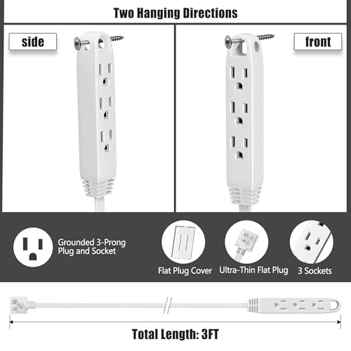 CABOCASA 2 Pack 3FT Flat Plug Extension Cord Power Strip with 3 Outlets, Patented Detachable Ultra-Thin Outlet Cover Concealer & Ultra-Flat Plug, Max. 13A 125V 1625W ETL Listed, White Color - Image 2