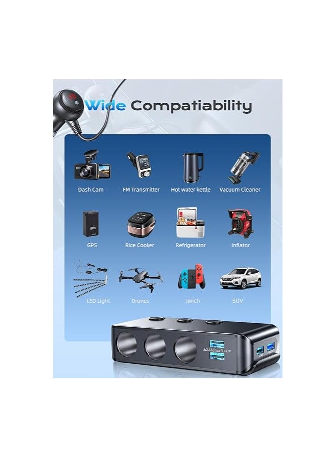 Adapter Splitter, 180W12V/24V 3-Socket Power Splitter DC Outlet with 8.5A 4 USB Ports Multifunction Car Charger, LED Display Voltage, QUICK CHARGE 3.0【Upgraded Version】On Off Switch - Image 5