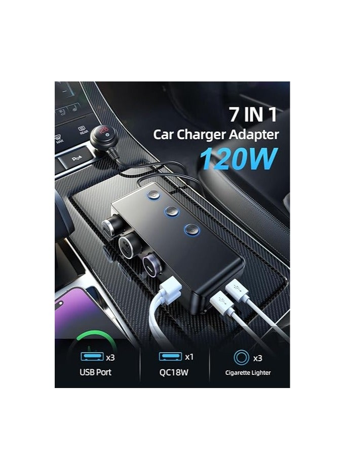 Adapter Splitter, 180W12V/24V 3-Socket Power Splitter DC Outlet with 8.5A 4 USB Ports Multifunction Car Charger, LED Display Voltage, QUICK CHARGE 3.0【Upgraded Version】On Off Switch - Image 2