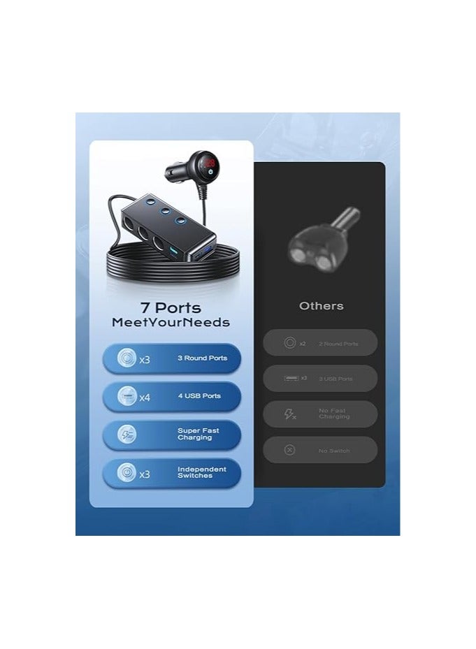 Adapter Splitter, 180W12V/24V 3-Socket Power Splitter DC Outlet with 8.5A 4 USB Ports Multifunction Car Charger, LED Display Voltage, QUICK CHARGE 3.0【Upgraded Version】On Off Switch - Image 3