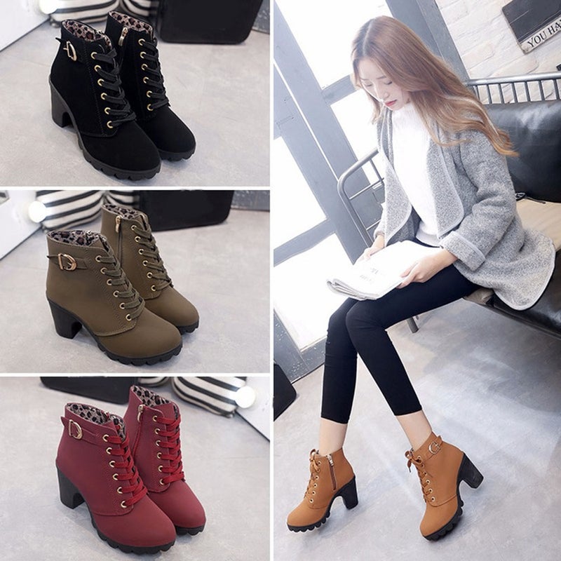 Womens Fashion High Heel Lace up Ankle Boots Lady Buckle Platform Shoes(Black,36) - Image 5