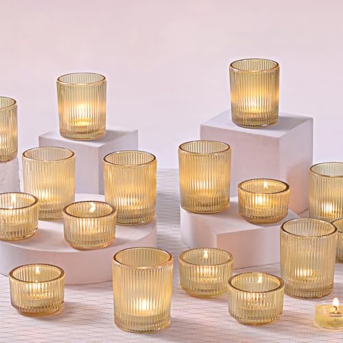 NITIME 20pcs Ribbed Gold Votive Candle Holders, Assorted Tea Light Candle Holder Glass for Wedding Table Decor, Gold Candle Holders for Table Centerpieces, Diwali, Brithday, Party and Holiday Decor - Image 1